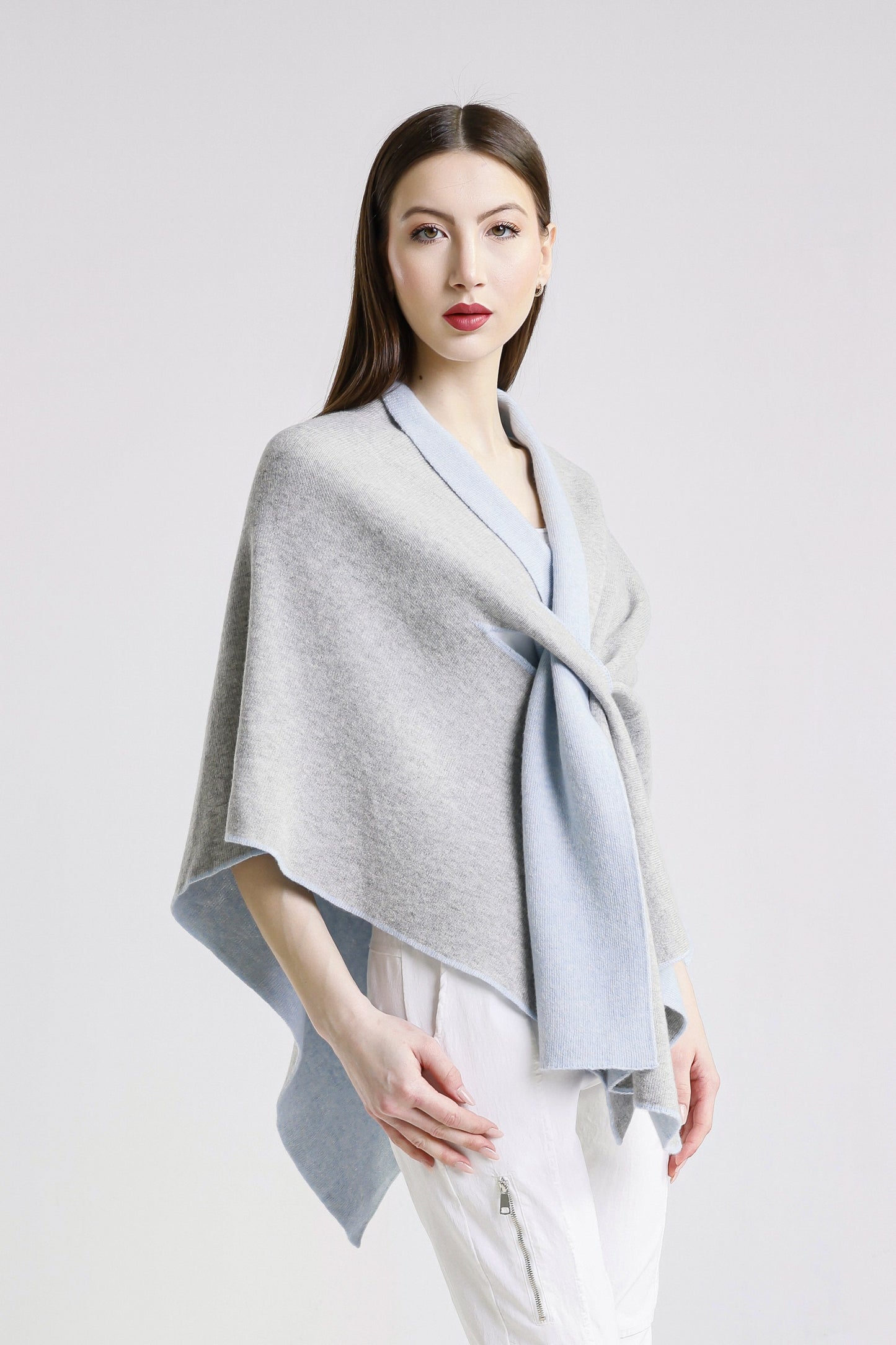 Ellen Merino/Cashmere Reversible Wrap with Loop 966 Sky Blue/Gray-4