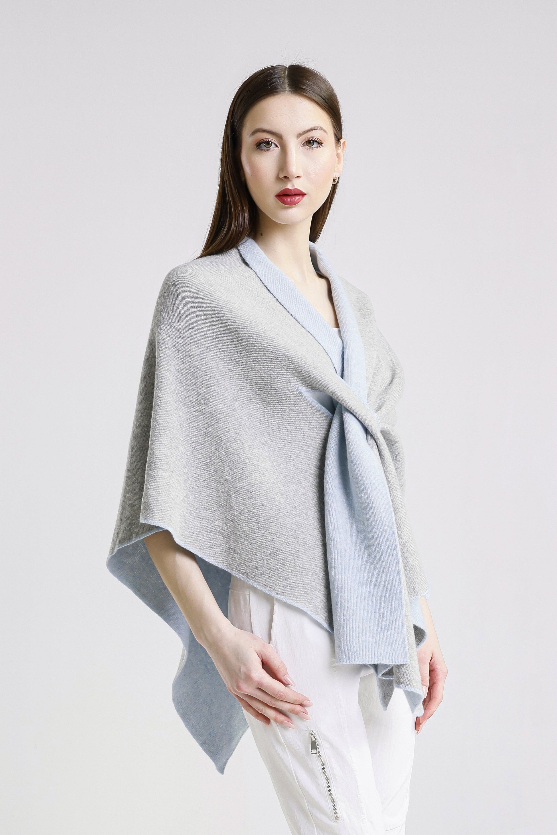 Ellen Merino/Cashmere Reversible Wrap with Loop 966 Sky Blue/Gray-4