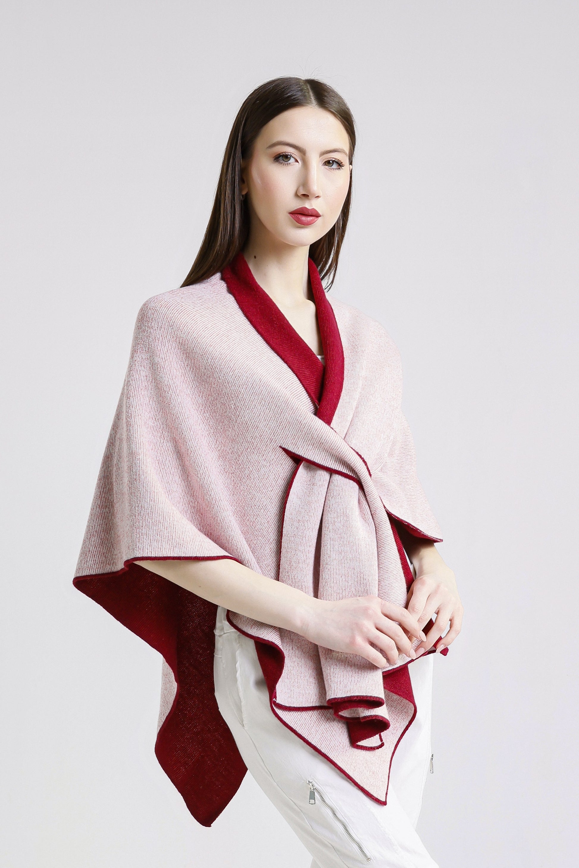 Ellen Merino/Cashmere Reversible Wrap with Loop 631 Burgundy/Cream-4