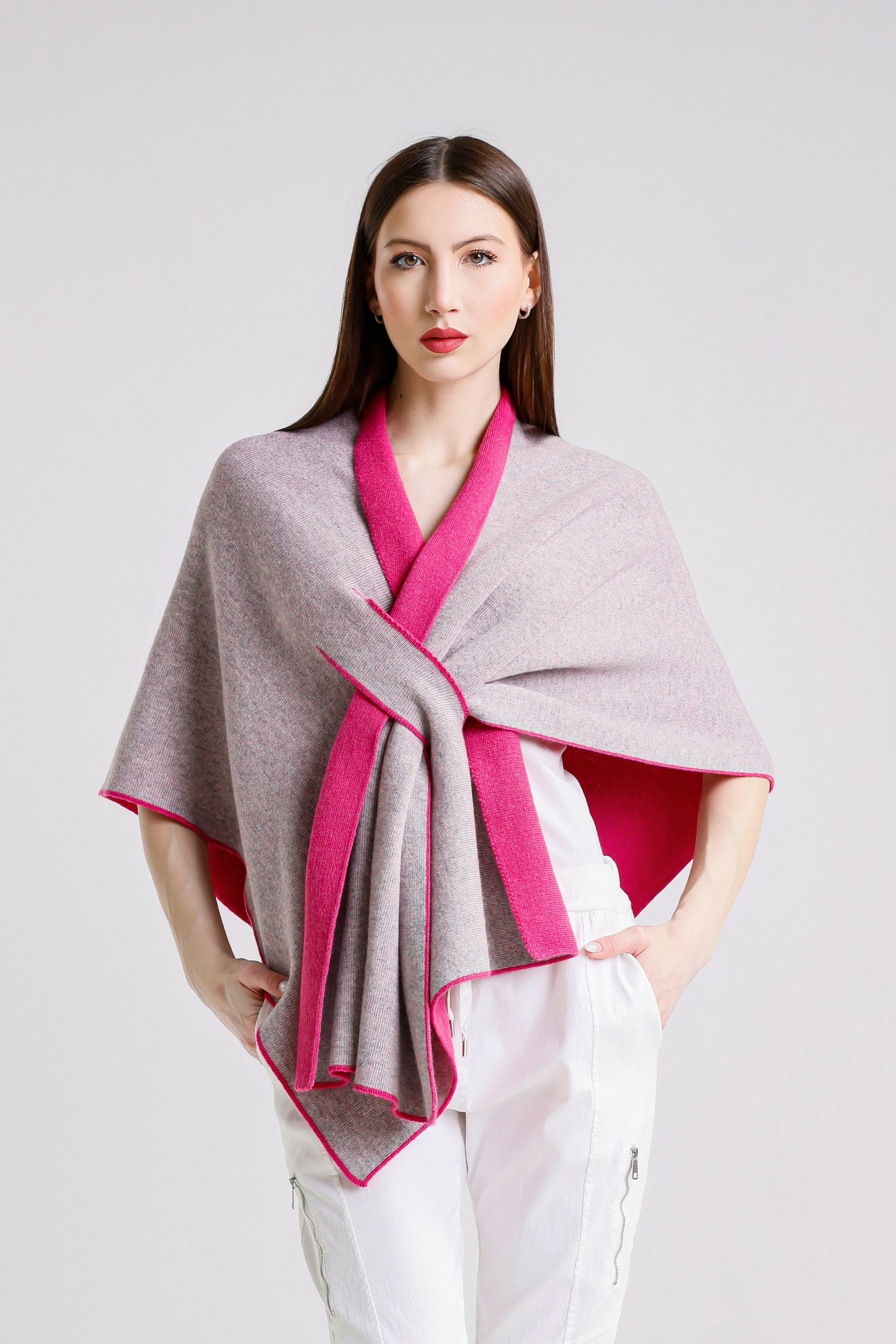 Ellen Merino/Cashmere Reversible Wrap with Loop 953 Peony/Gray-2