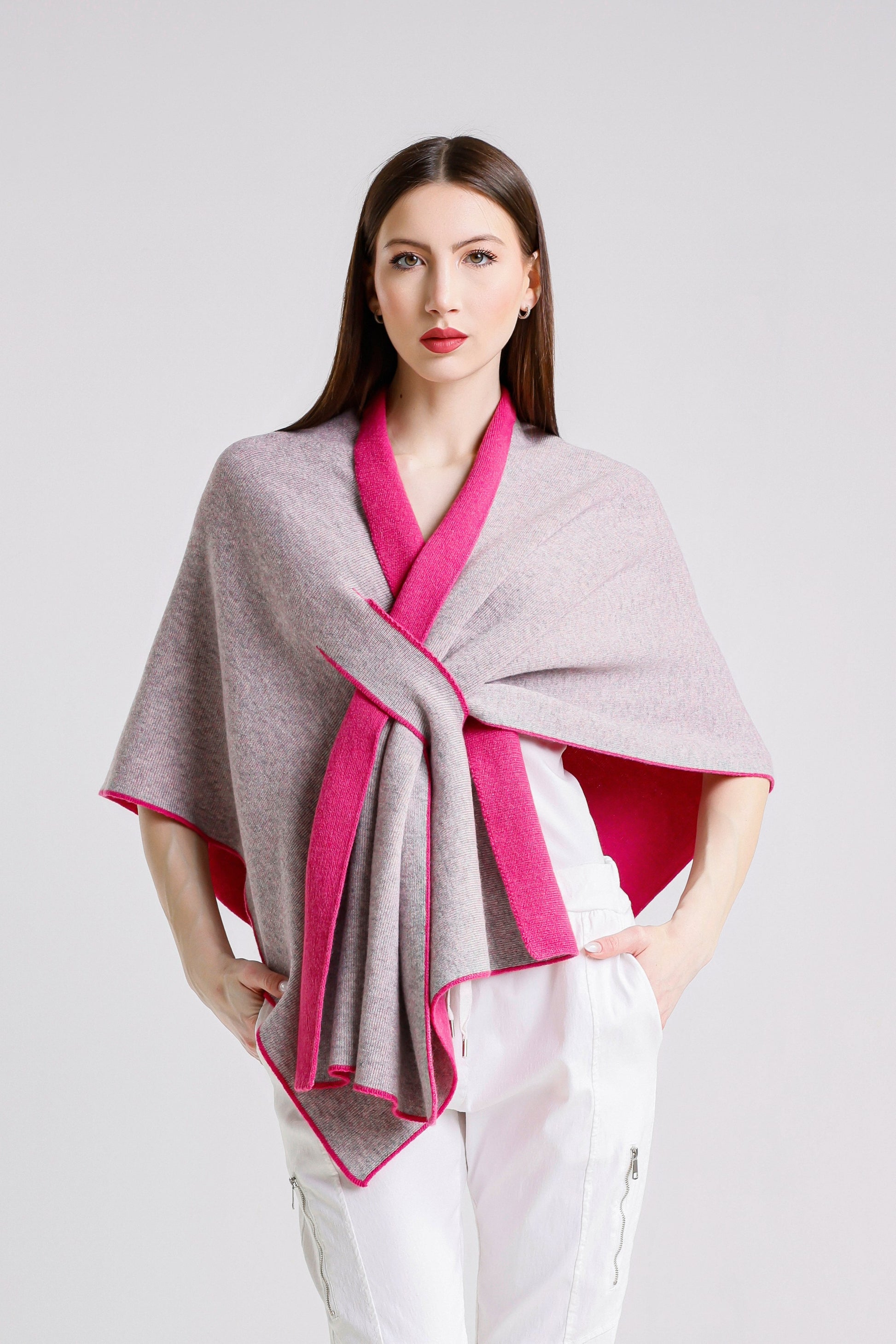 Ellen Merino/Cashmere Reversible Wrap with Loop 953 Peony/Gray-2