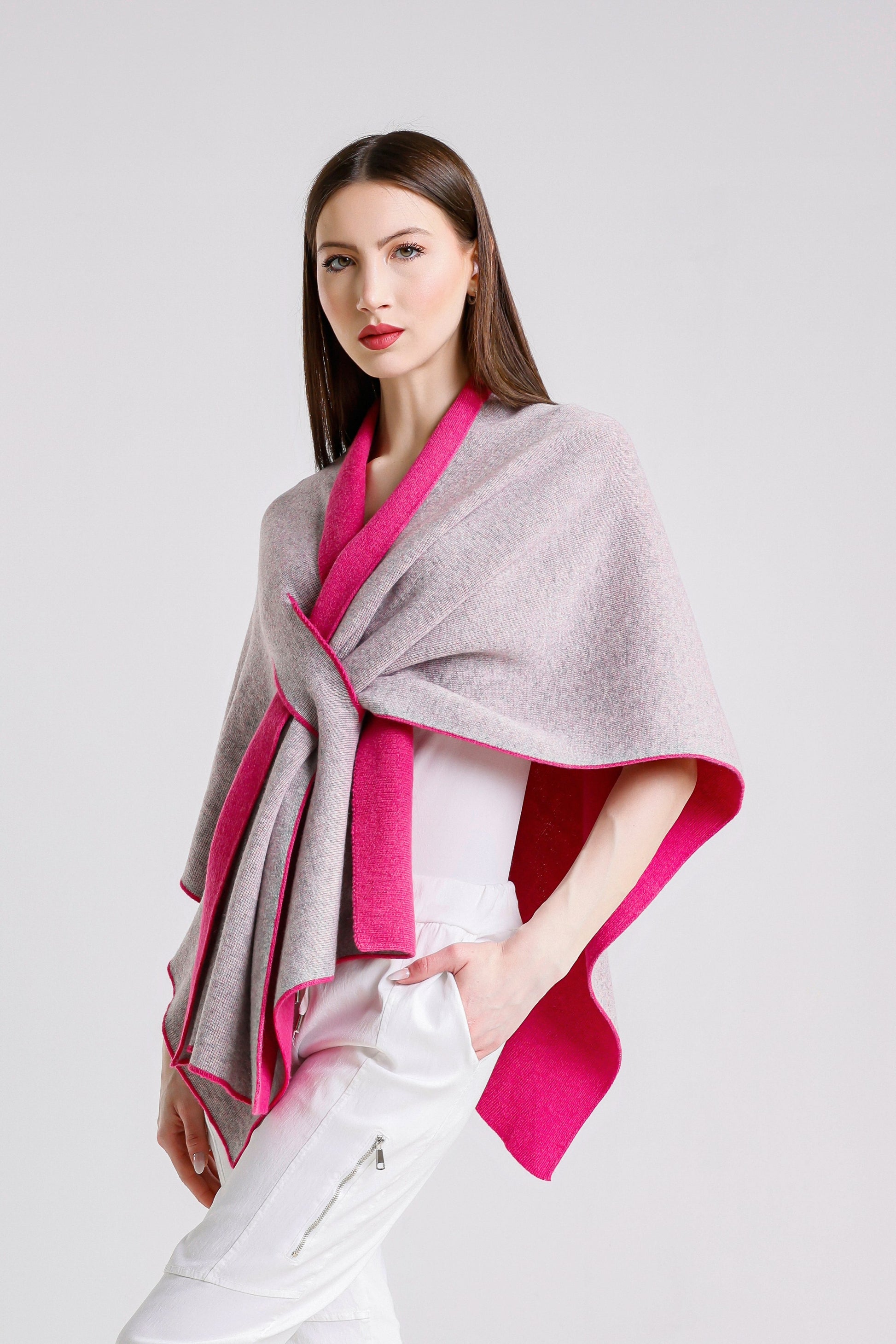 Ellen Merino/Cashmere Reversible Wrap with Loop 953 Peony/Gray-5