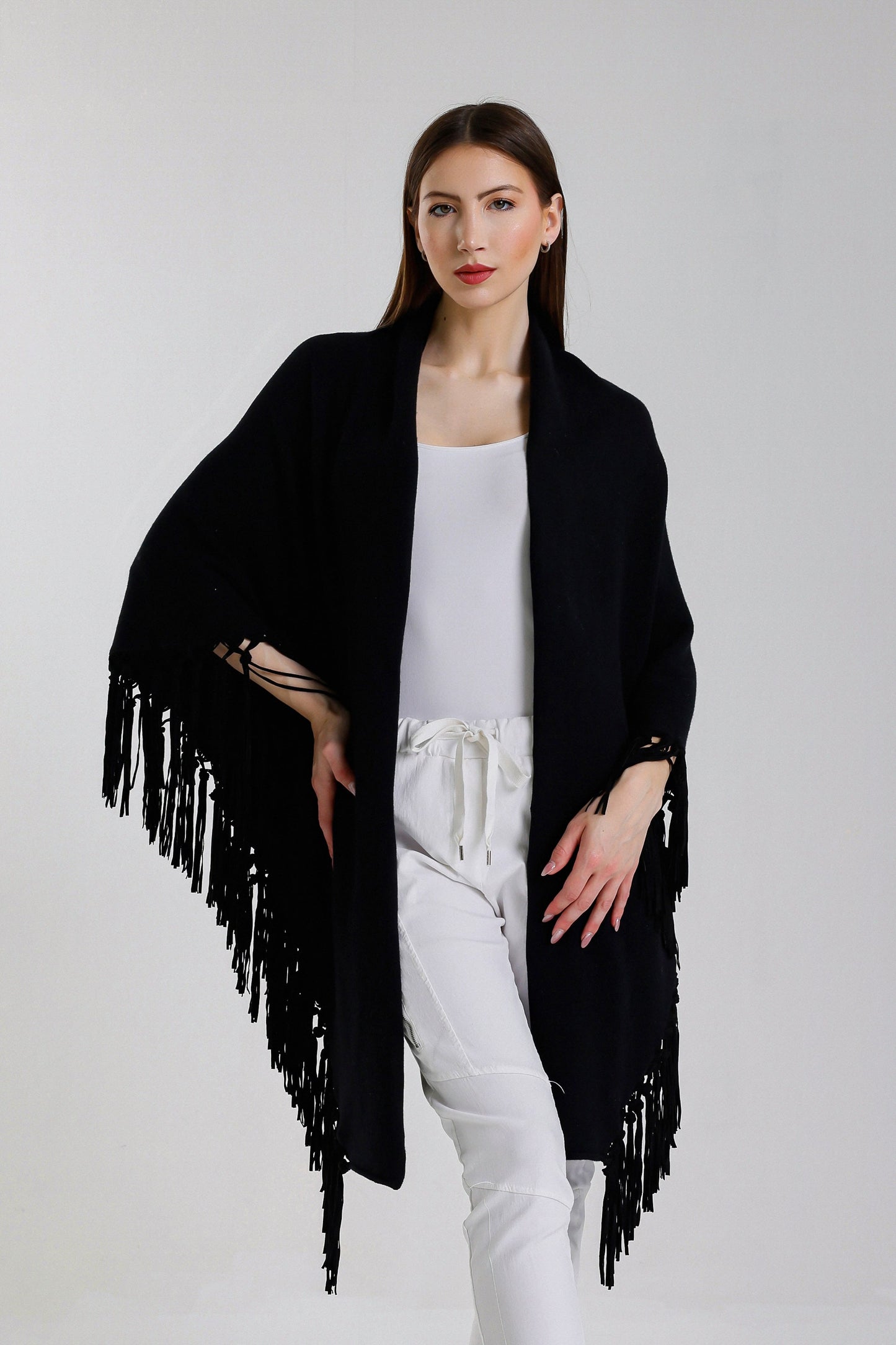 Yasmine Merino Cashmere Silk Wrap with Leather Fringe 001 Black-1