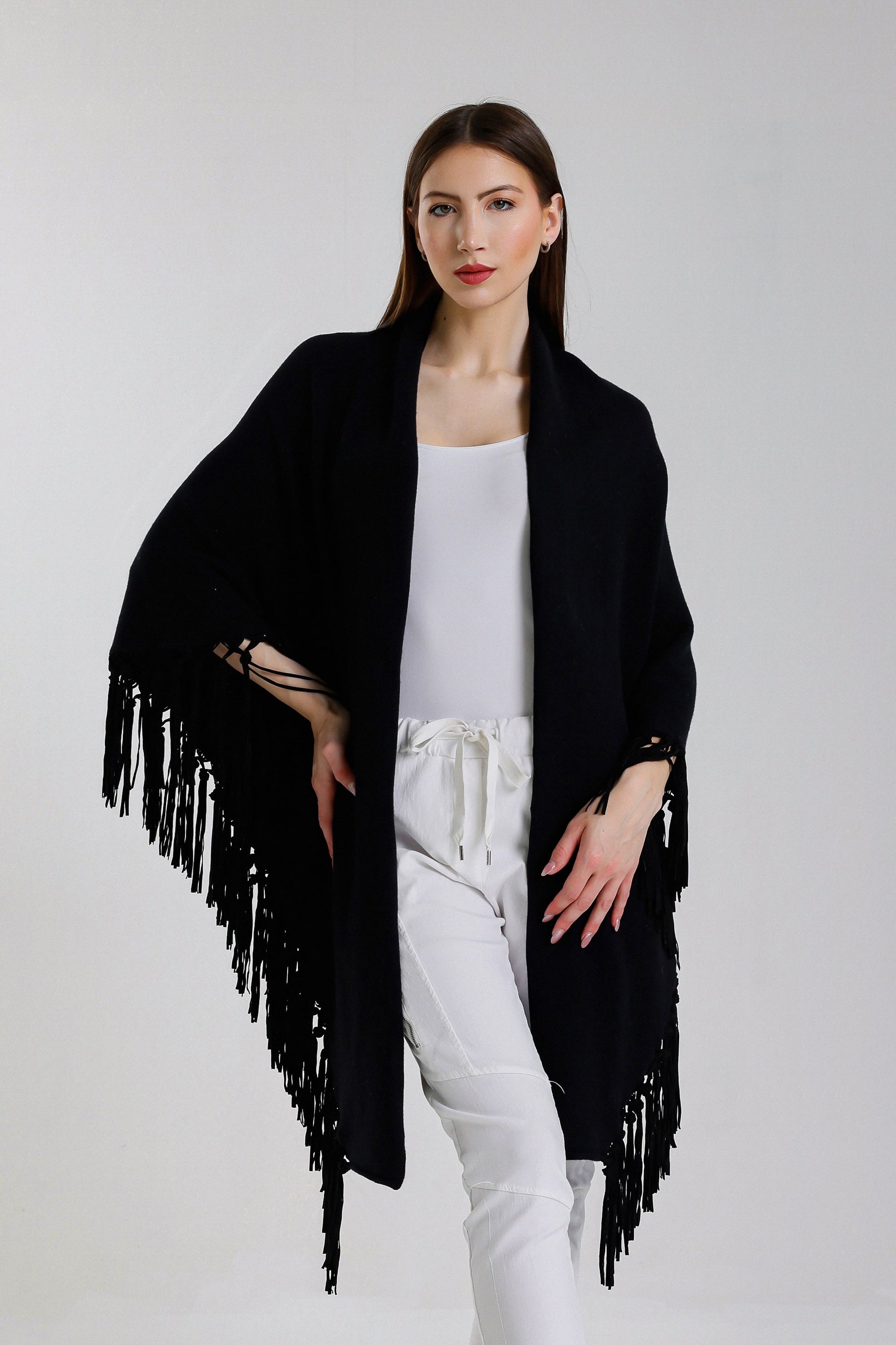 Yasmine Merino Cashmere Silk Wrap with Leather Fringe 001 Black-1