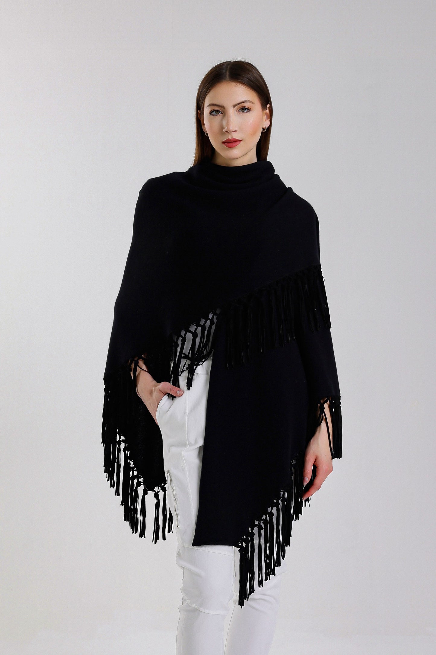 Yasmine Merino Cashmere Silk Wrap with Leather Fringe 001 Black-2