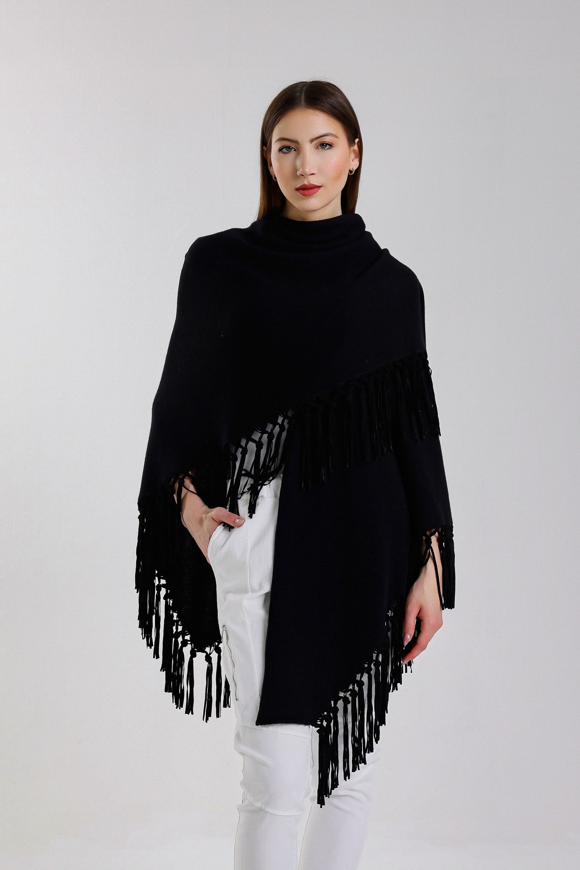 Yasmine Merino Cashmere Silk Wrap with Leather Fringe 001 Black-2