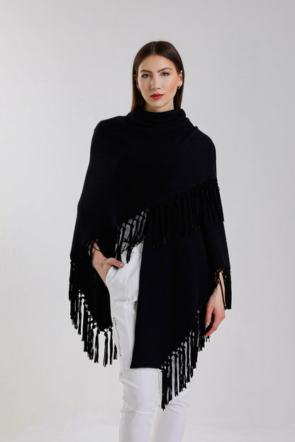 Yasmine Merino Cashmere Silk Wrap with Leather Fringe 001 Black-2