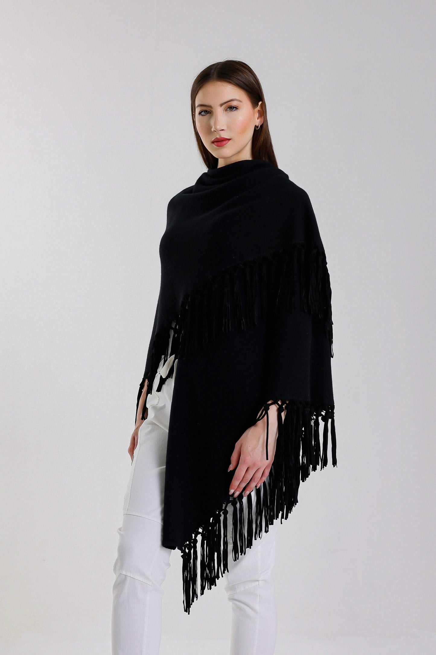 Yasmine Merino Cashmere Silk Wrap with Leather Fringe 001 Black-3