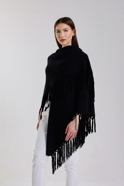 Yasmine Merino Cashmere Silk Wrap with Leather Fringe 001 Black-3
