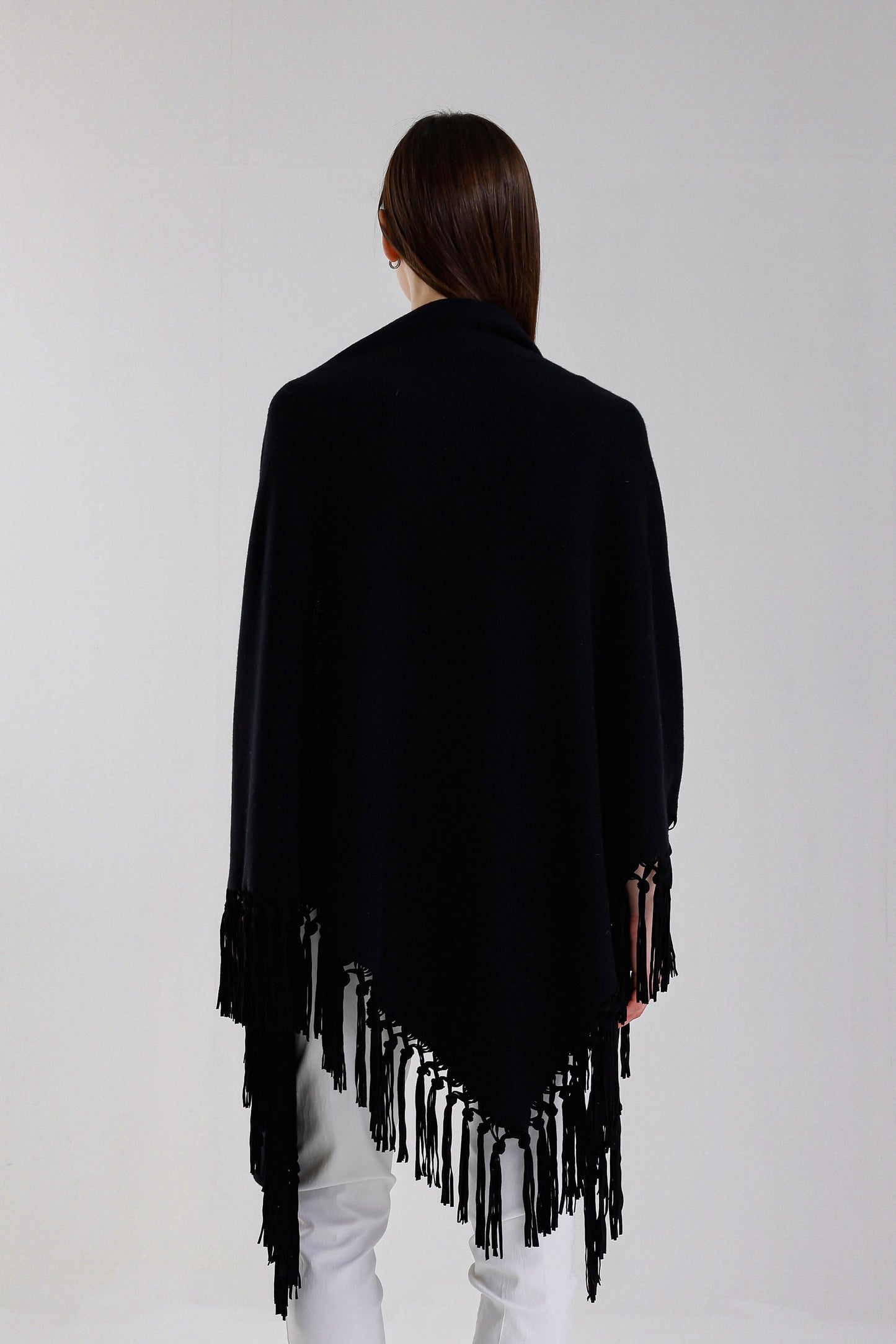 Yasmine Merino Cashmere Silk Wrap with Leather Fringe 001 Black-4