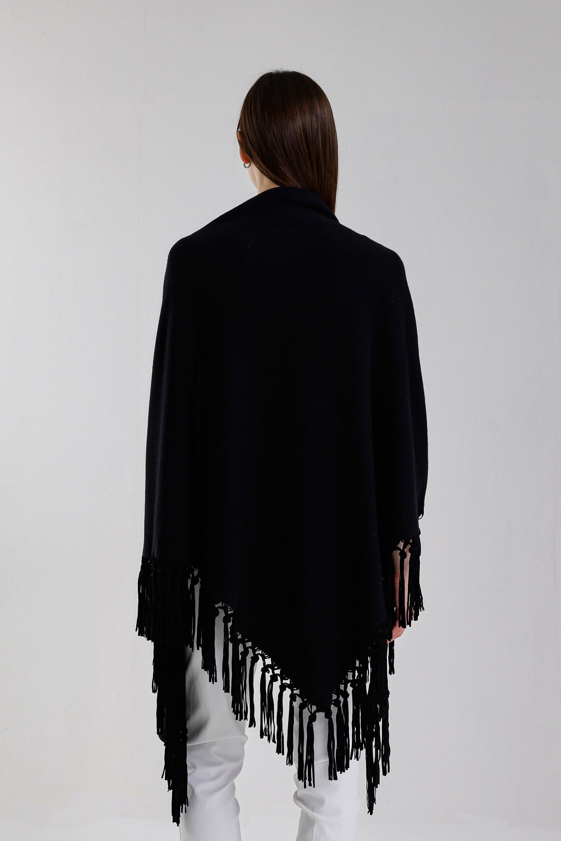Yasmine Merino Cashmere Silk Wrap with Leather Fringe 001 Black-4