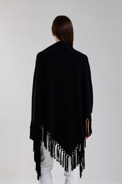 Yasmine Merino Cashmere Silk Wrap with Leather Fringe 001 Black-4