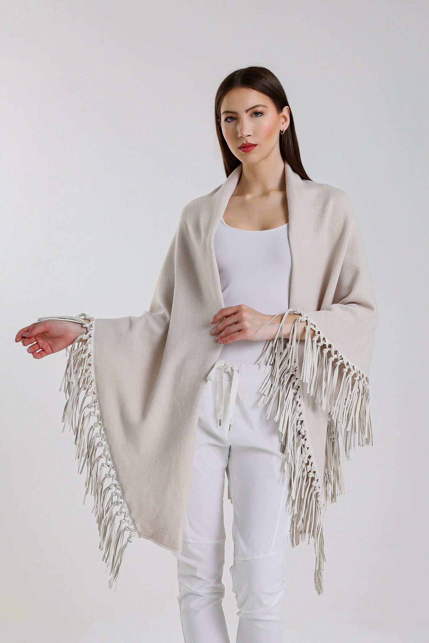 Yasmine Merino Cashmere Silk Wrap with Leather Fringe 250 Beige-1