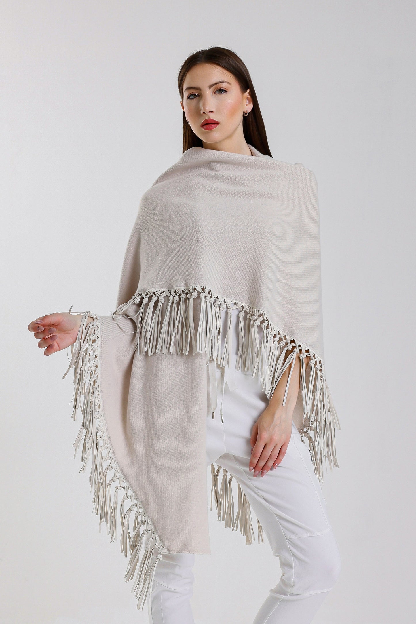 Yasmine Merino Cashmere Silk Wrap with Leather Fringe 250 Beige-2