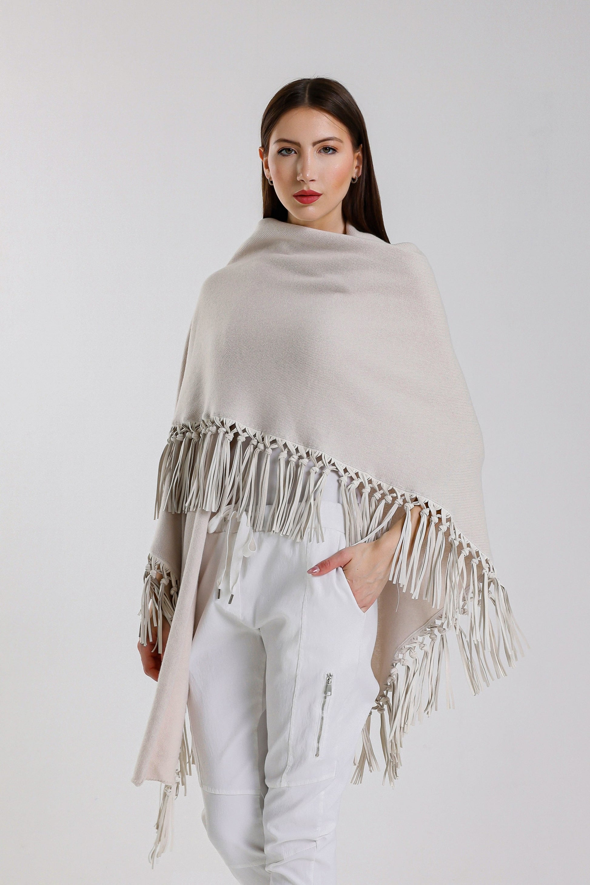 Yasmine Merino Cashmere Silk Wrap with Leather Fringe 250 Beige-3