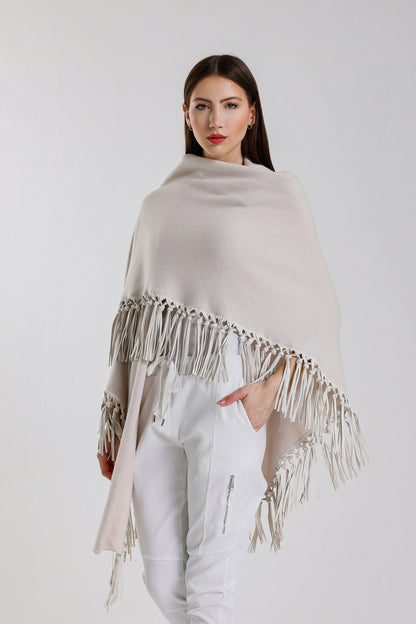 Yasmine Merino Cashmere Silk Wrap with Leather Fringe 250 Beige-3
