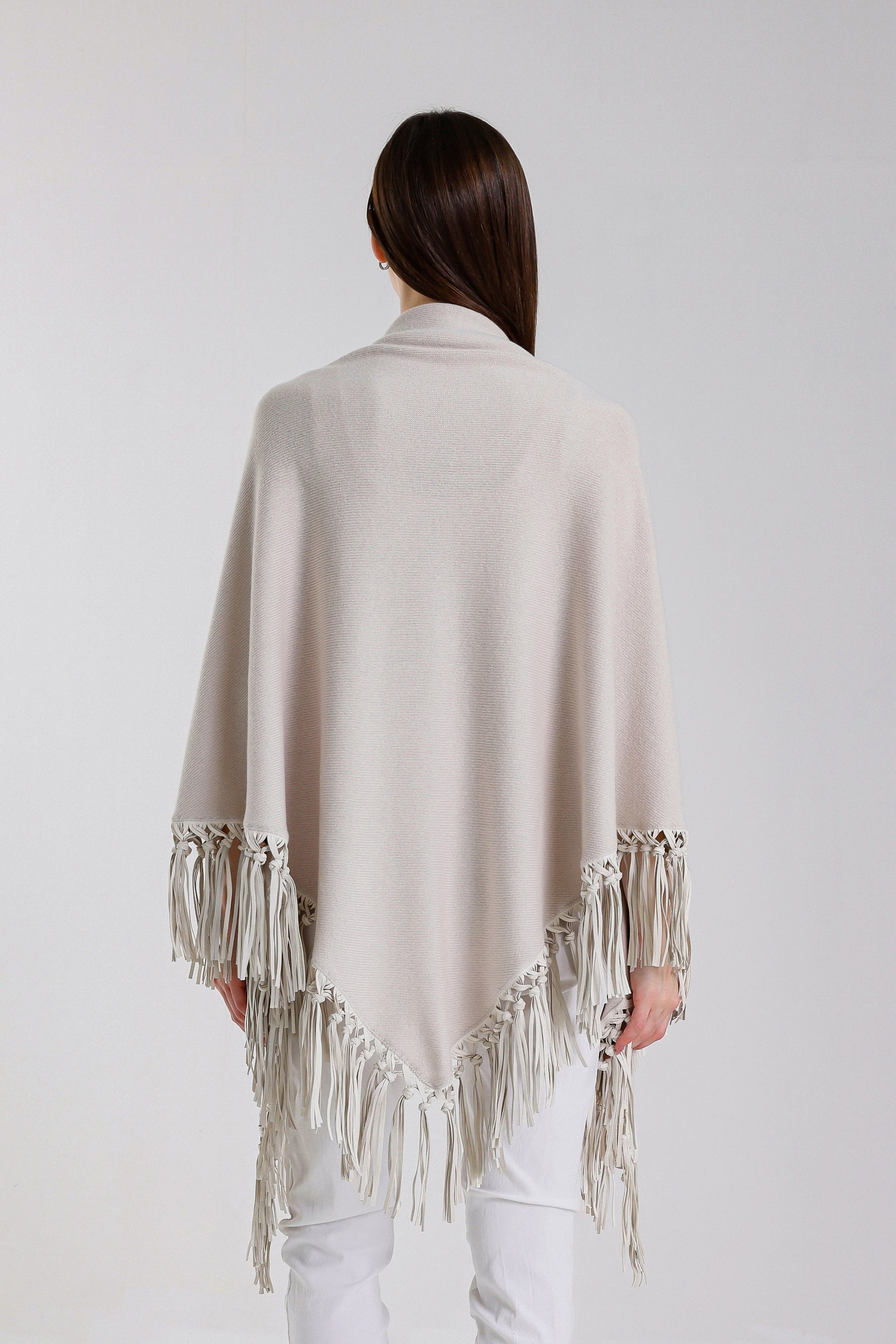 Yasmine Merino Cashmere Silk Wrap with Leather Fringe 250 Beige-4