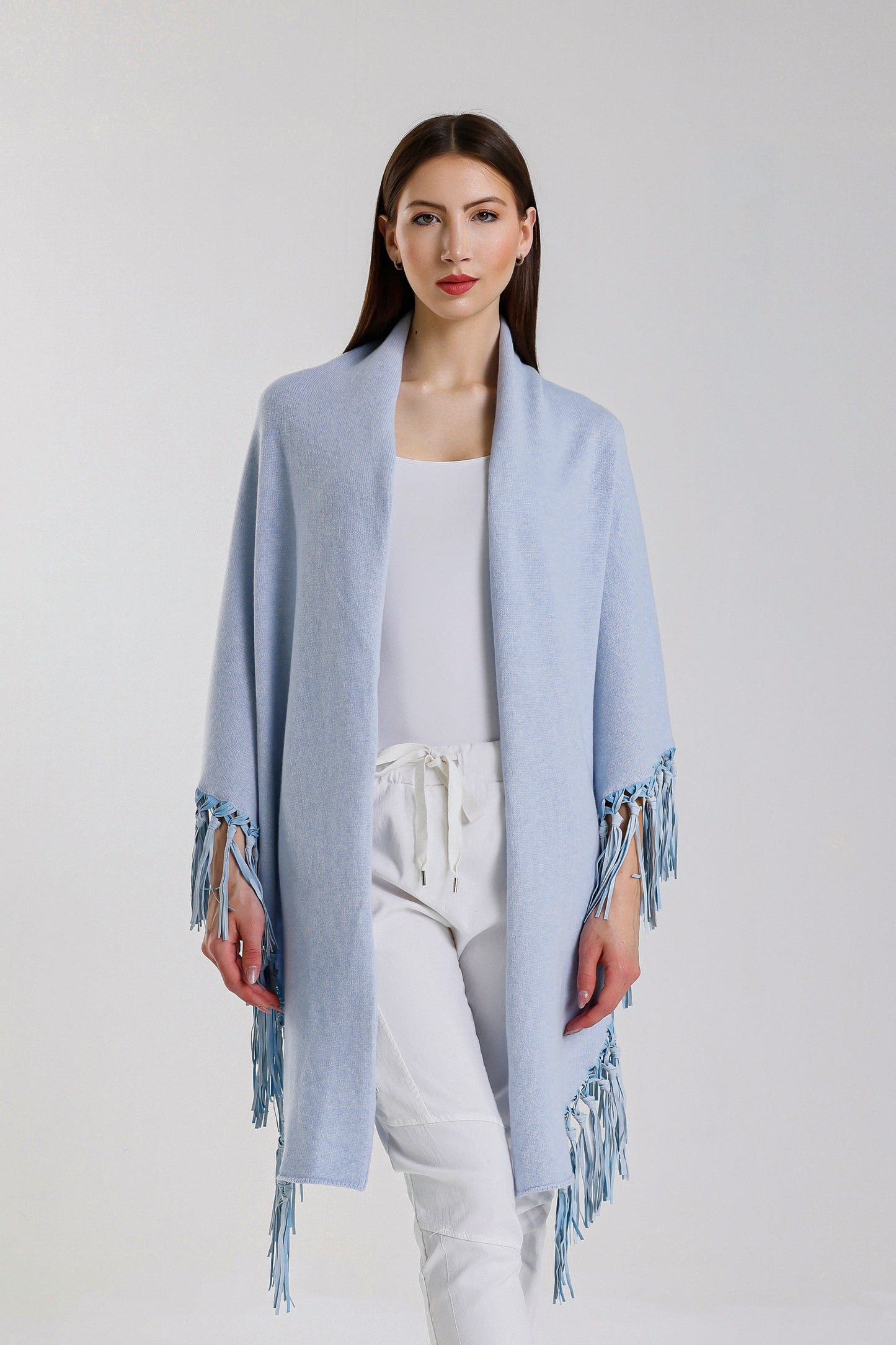 Yasmine Merino Cashmere Silk Wrap with Leather Fringe 428 Celestial Blue-1