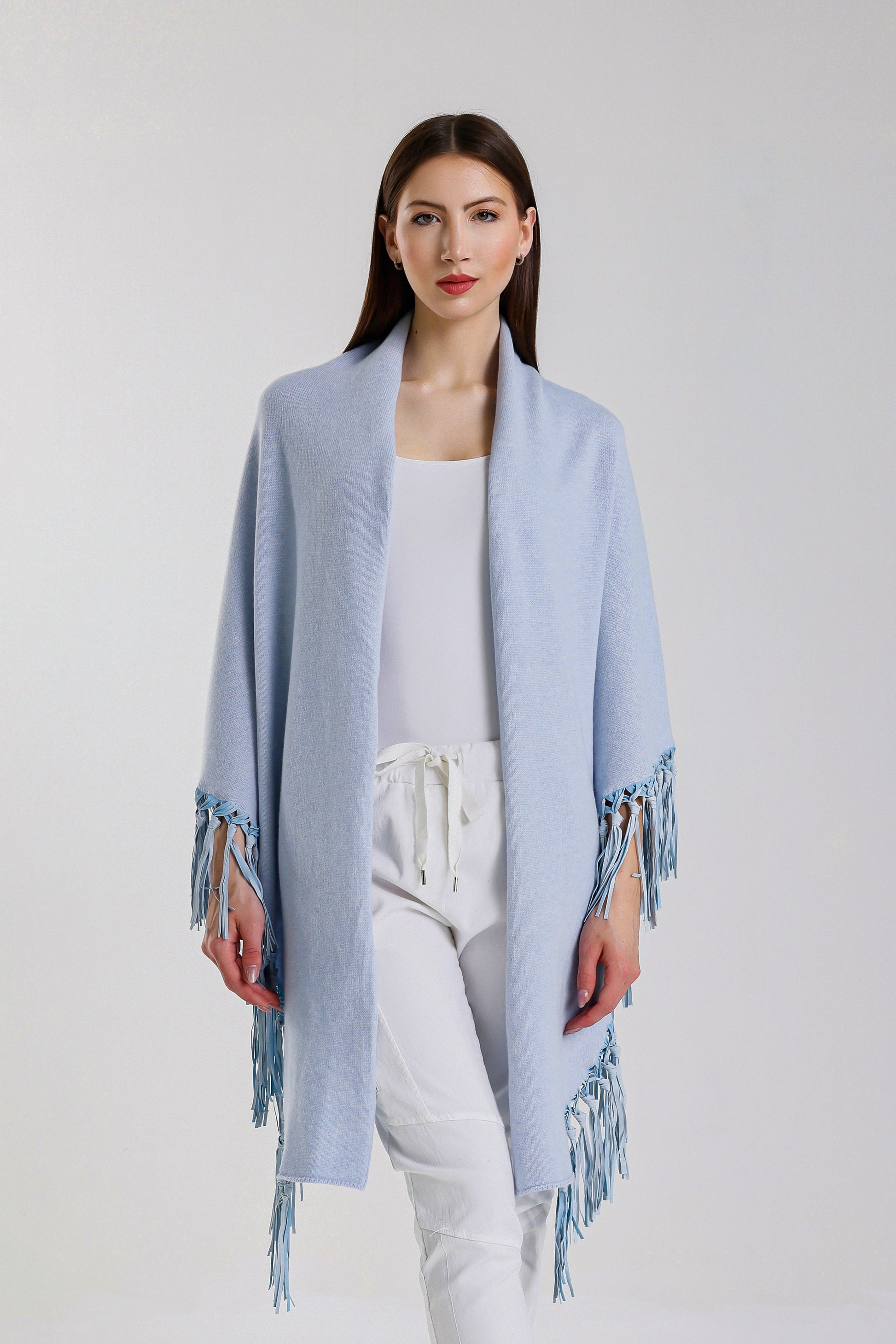 Yasmine Merino Cashmere Silk Wrap with Leather Fringe 428 Celestial Blue-1