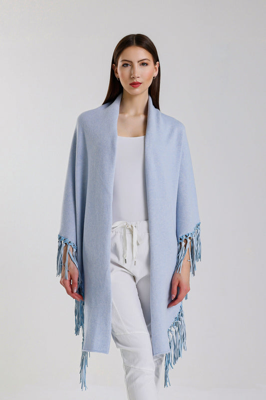 Yasmine Merino Cashmere Silk Wrap with Leather Fringe 428 Celestial Blue-1