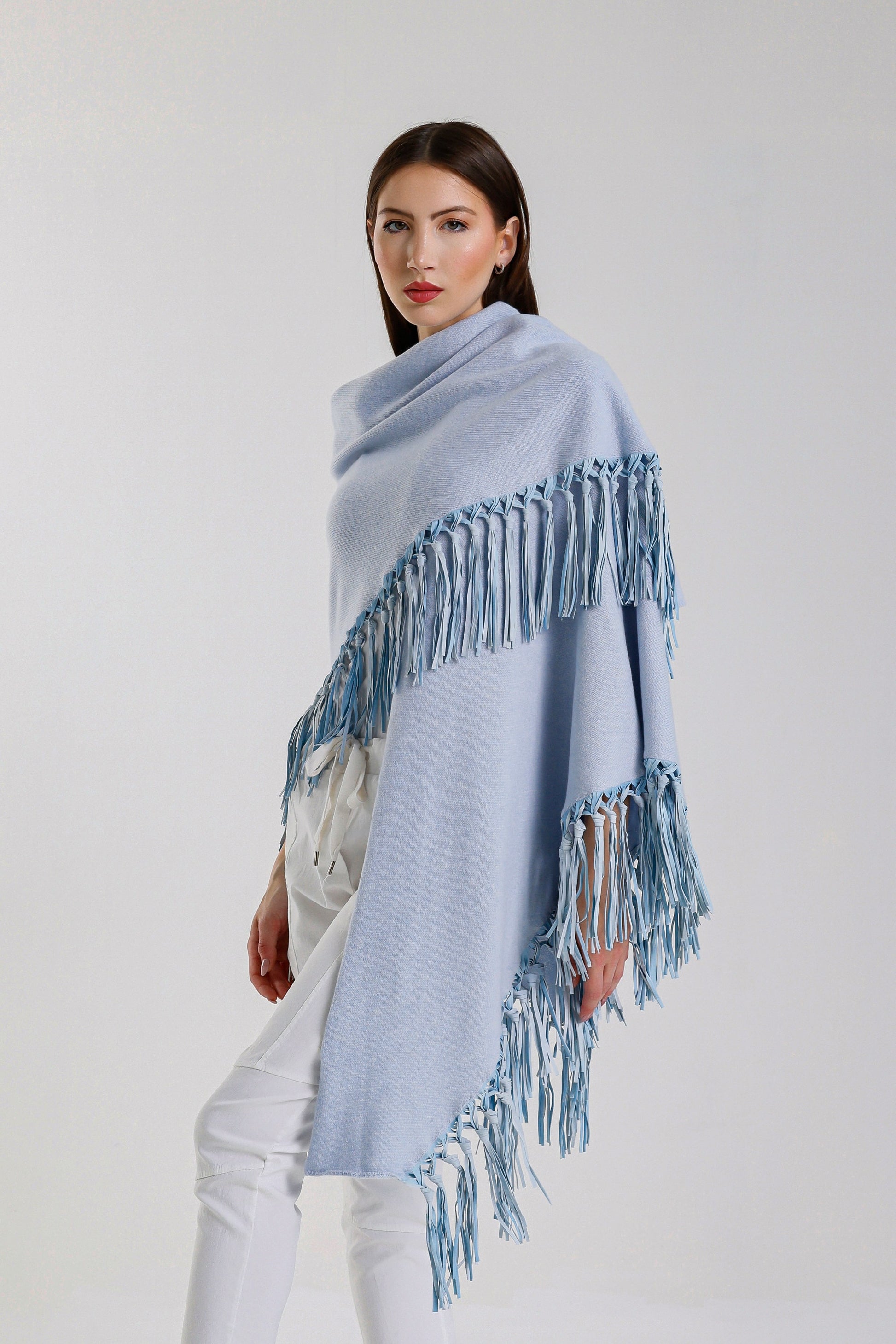 Yasmine Merino Cashmere Silk Wrap with Leather Fringe 428 Celestial Blue-2