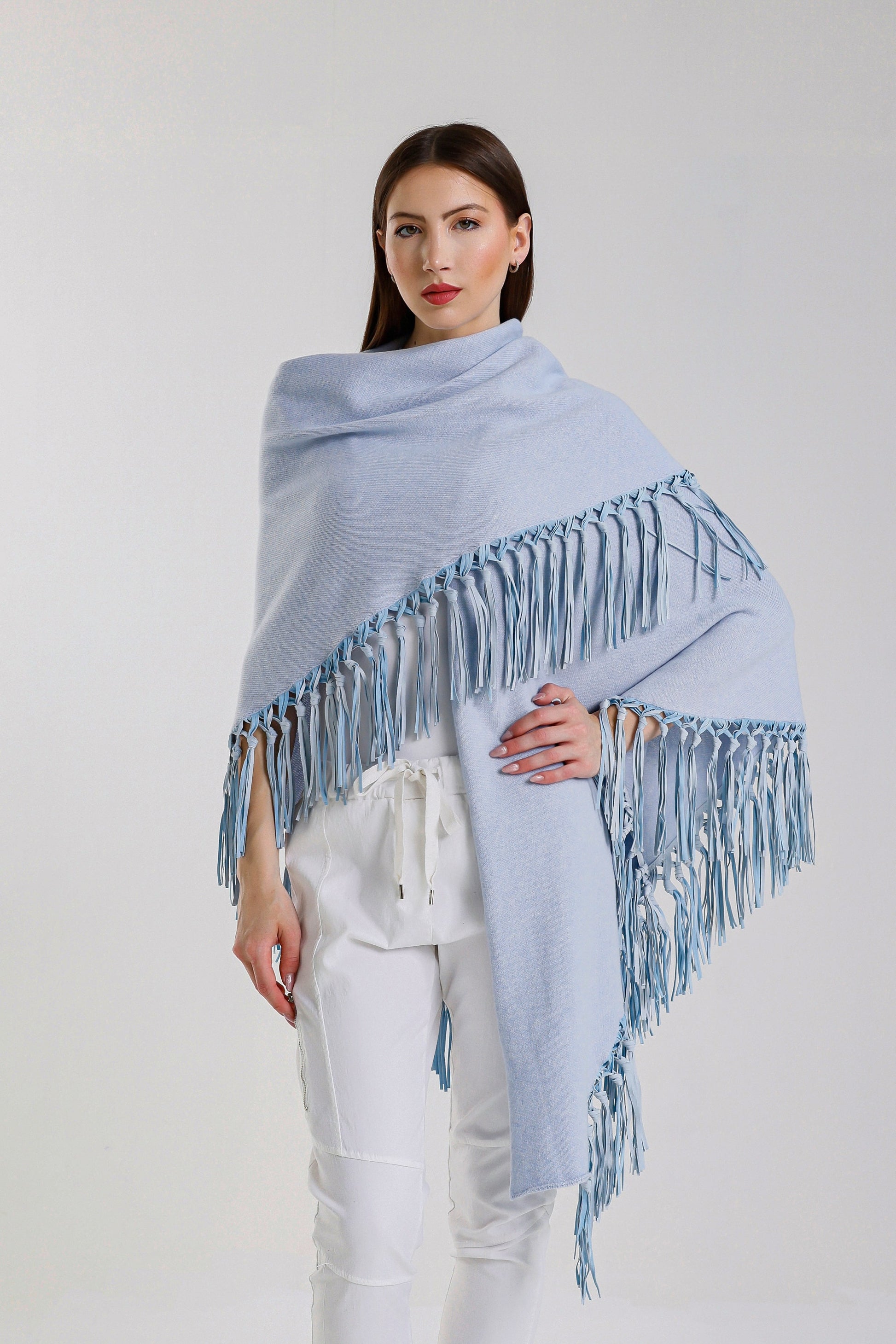 Yasmine Merino Cashmere Silk Wrap with Leather Fringe 428 Celestial Blue-3