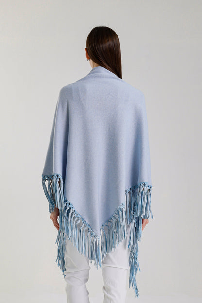 Yasmine Merino Cashmere Silk Wrap with Leather Fringe 428 Celestial Blue-4