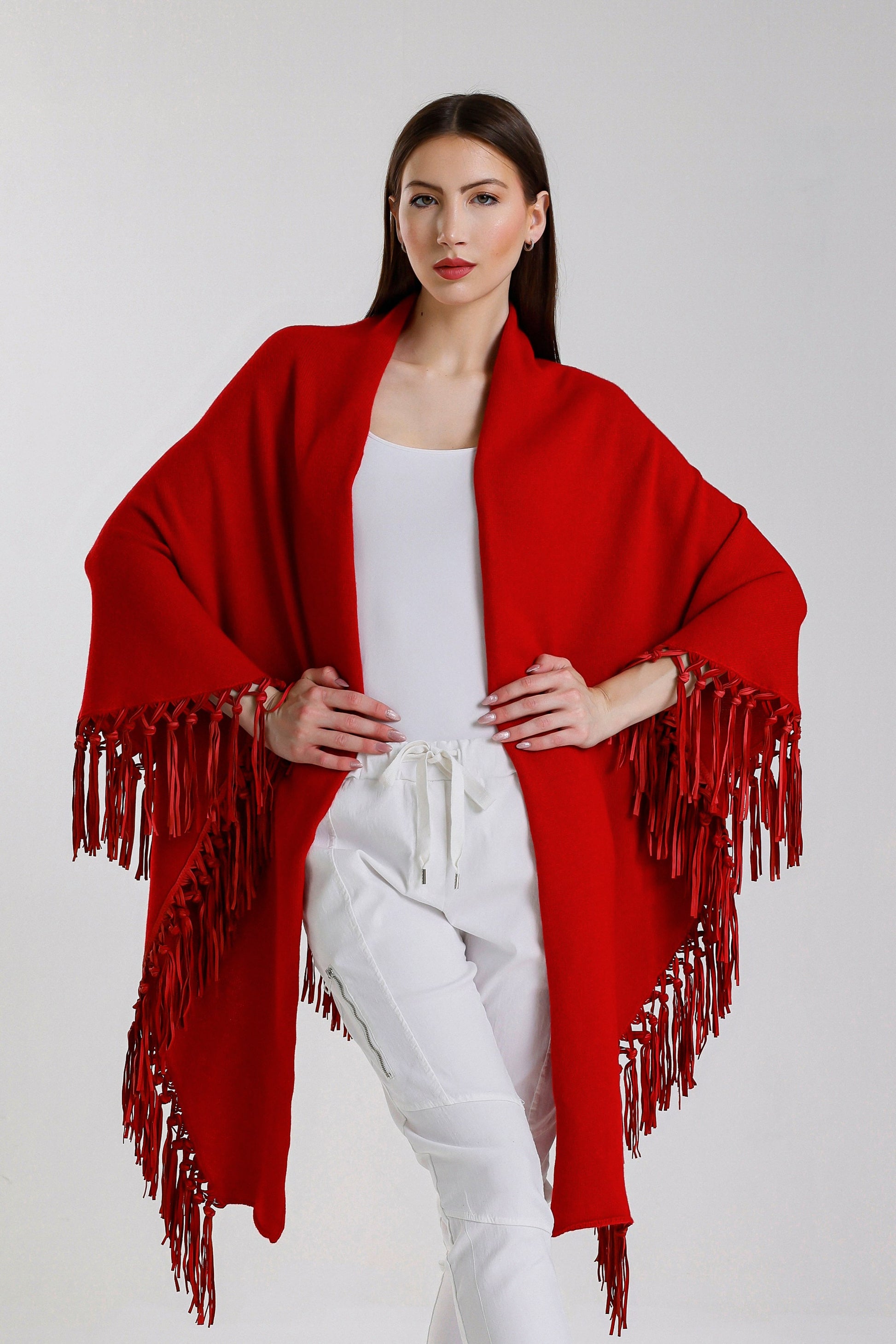 Yasmine Merino Cashmere Silk Wrap with Leather Fringe 600 Red