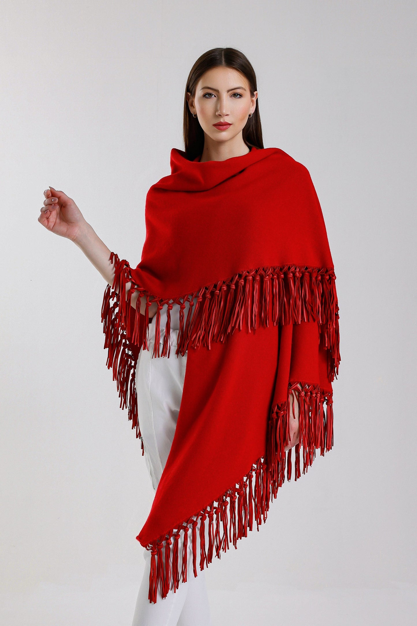 Yasmine Merino Cashmere Silk Wrap with Leather Fringe 600 Red