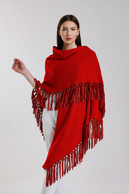 Yasmine Merino Cashmere Silk Wrap with Leather Fringe 600 Red