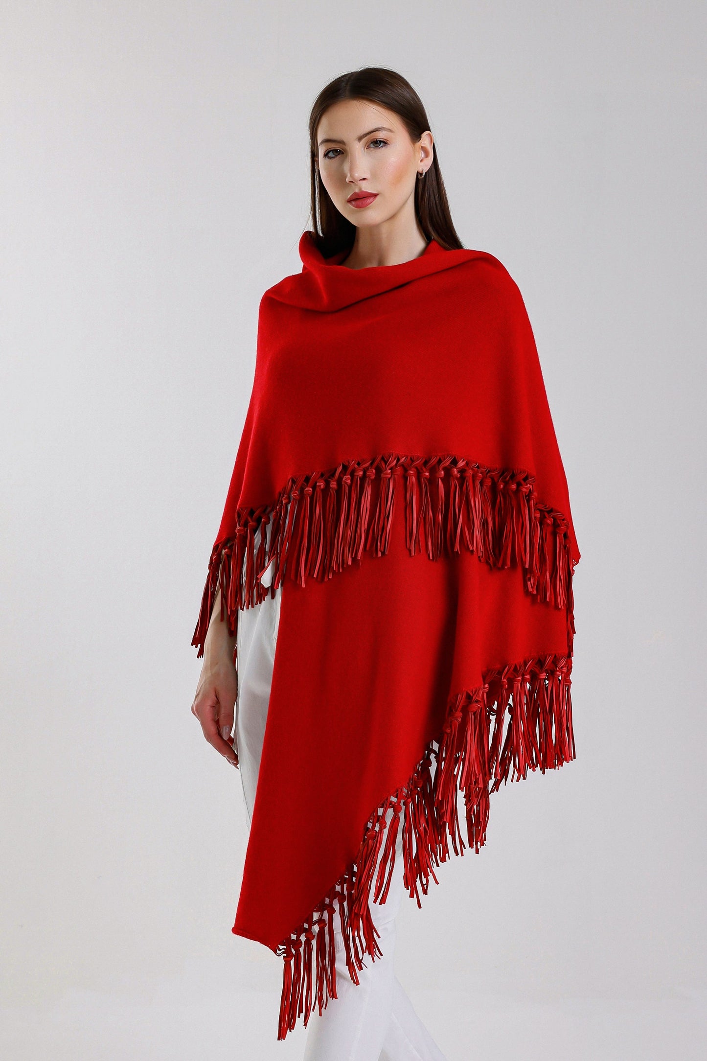 Yasmine Merino Cashmere Silk Wrap with Leather Fringe 600 Red