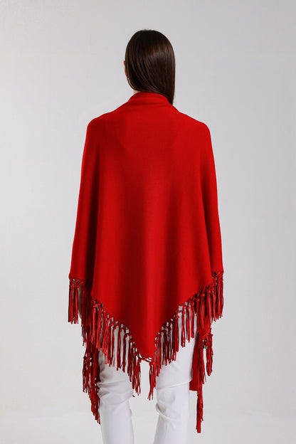 Yasmine Merino Cashmere Silk Wrap with Leather Fringe 600 Red