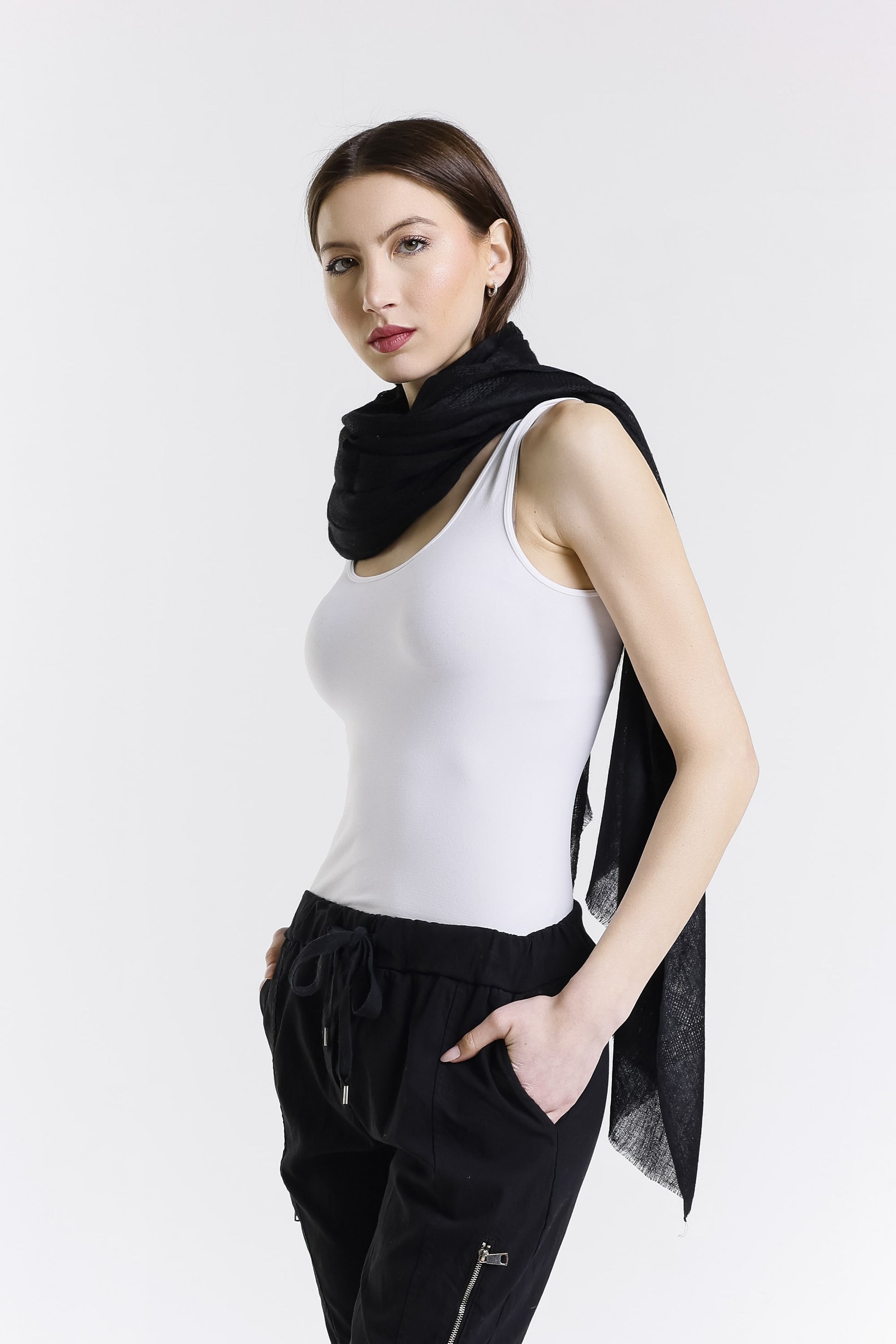 Giulietta Ultra Premium Baby Pashmina Cashmere Wrap 001 Black, Side scarf view.