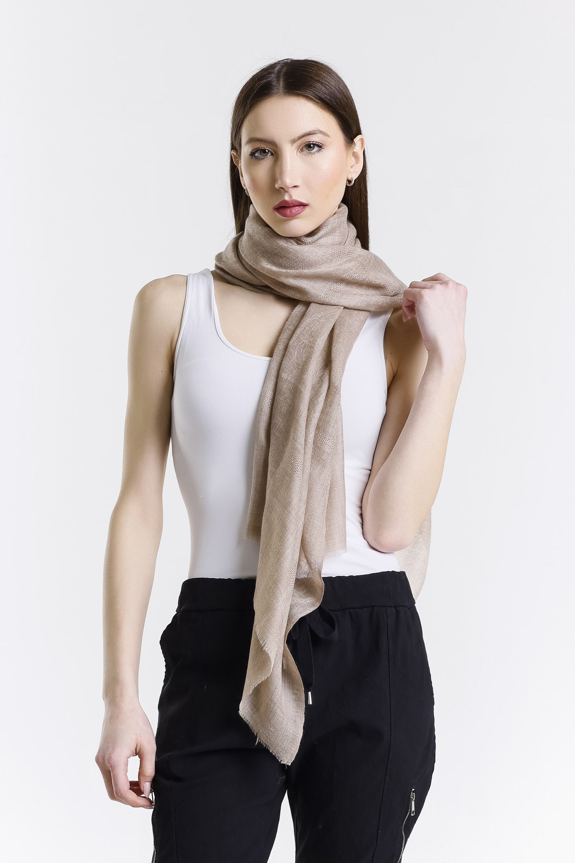 Giulietta Ultra Premium Baby Pashmina Cashmere Wrap 926 dark beige, scarf front view.