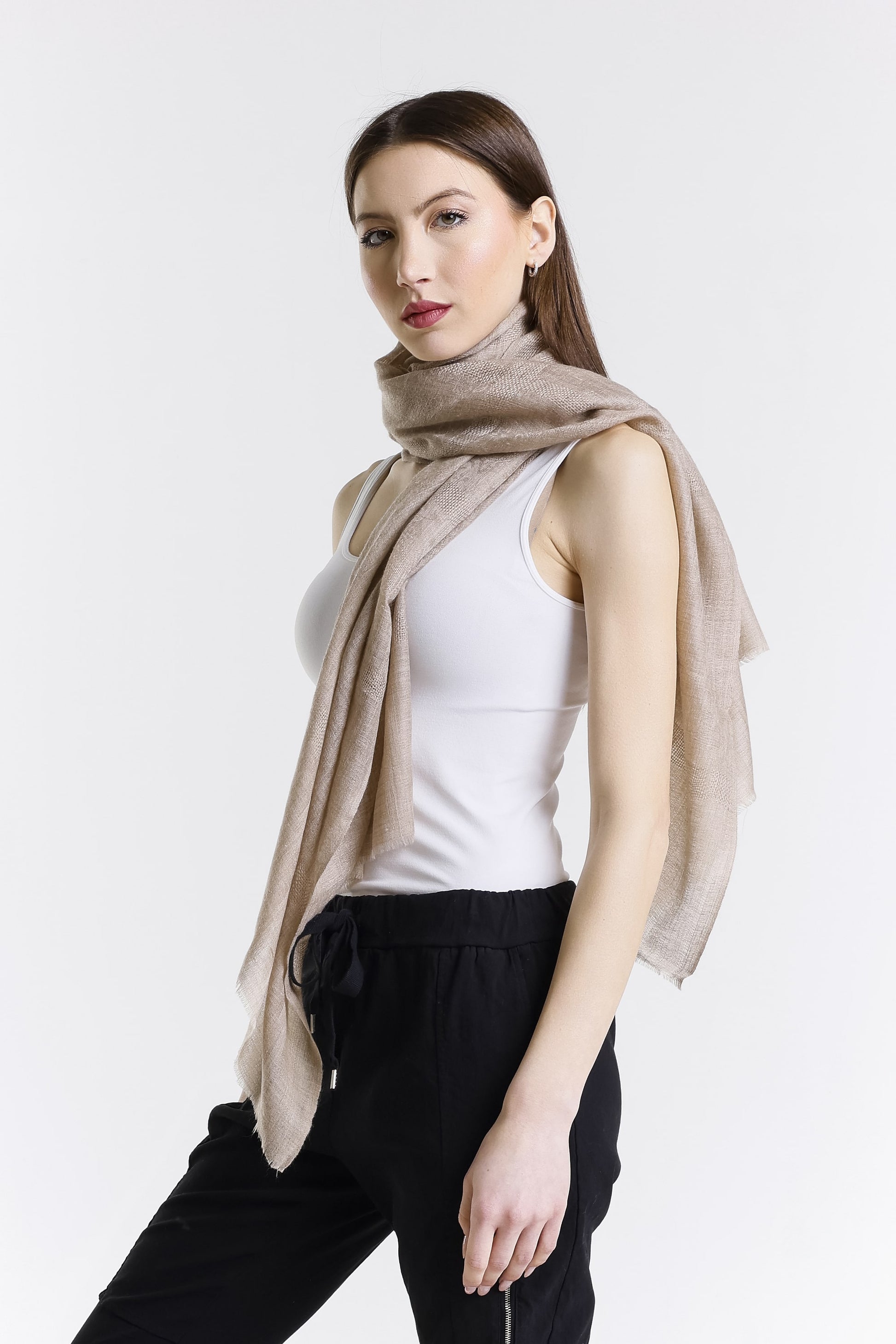Giulietta Ultra Premium Baby Pashmina Cashmere Wrap 926 dark beige, side scarf view