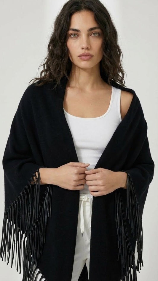 Yasmine Merino Cashmere Silk Wrap with Leather Fringe