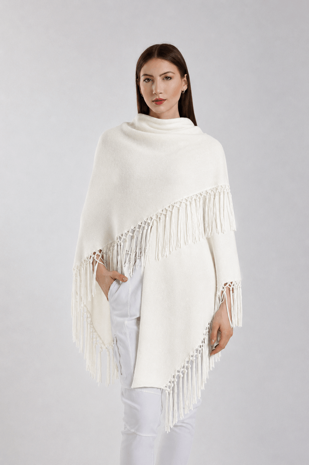 Yasmine Merino Cashmere Silk Wrap with Leather Fringe 113 Winter White-1