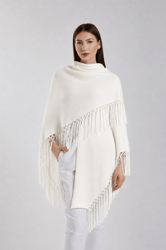 Yasmine Merino Cashmere Silk Wrap with Leather Fringe 113 Winter White-1