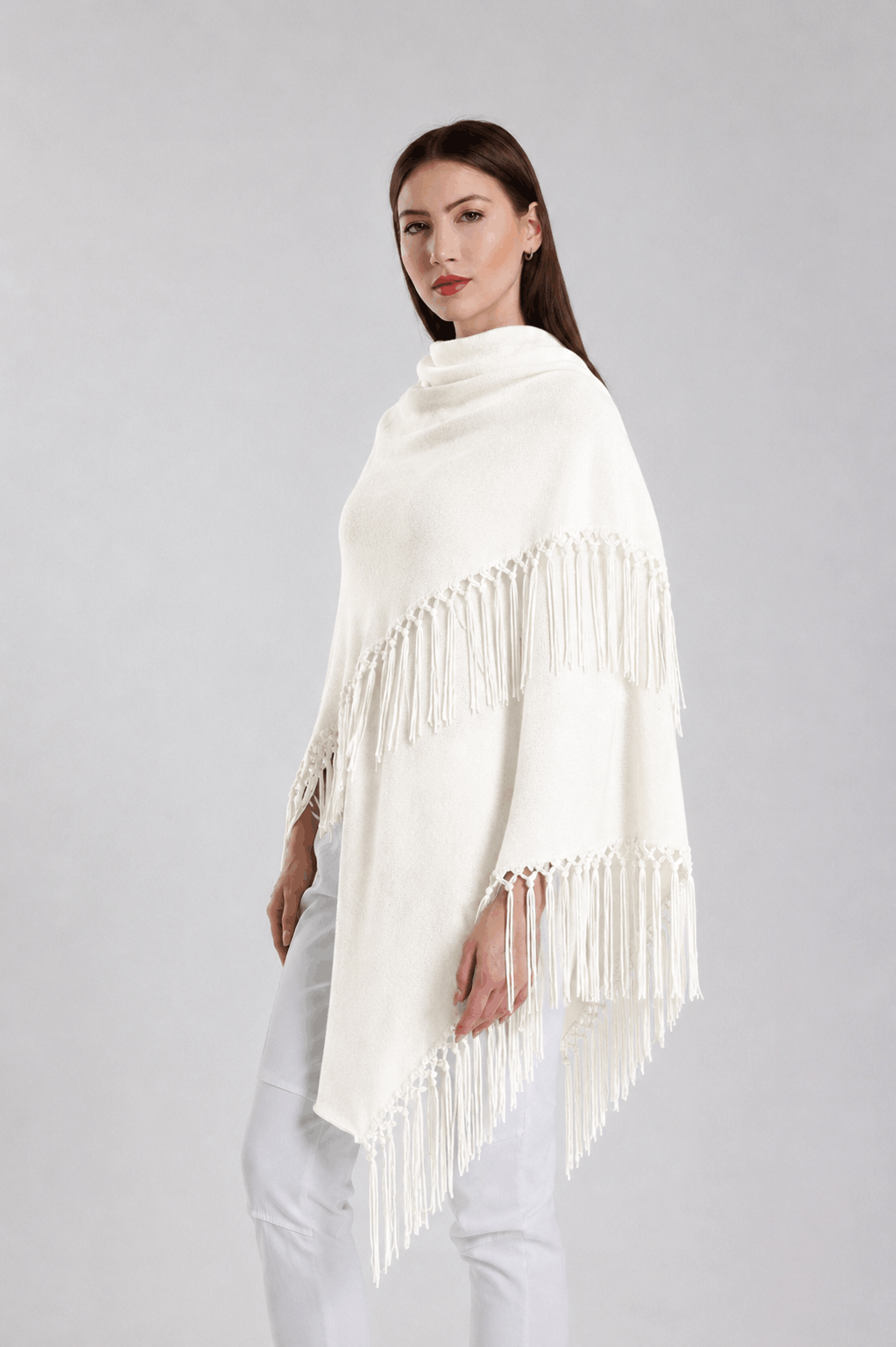 Yasmine Merino Cashmere Silk Wrap with Leather Fringe 113 Winter White-2