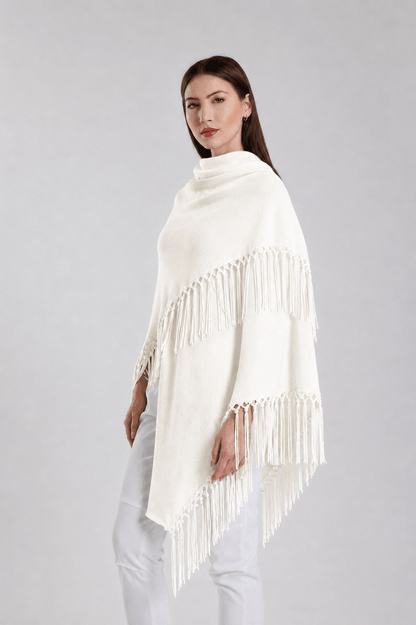Yasmine Merino Cashmere Silk Wrap with Leather Fringe 113 Winter White-2