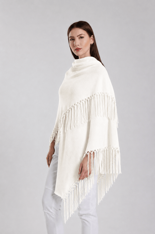 Yasmine Merino Cashmere Silk Wrap with Leather Fringe 113 Winter White-2