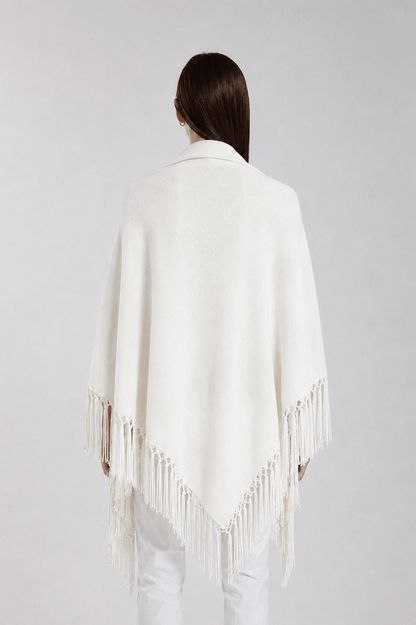 Yasmine Merino Cashmere Silk Wrap with Leather Fringe 113 Winter White-3