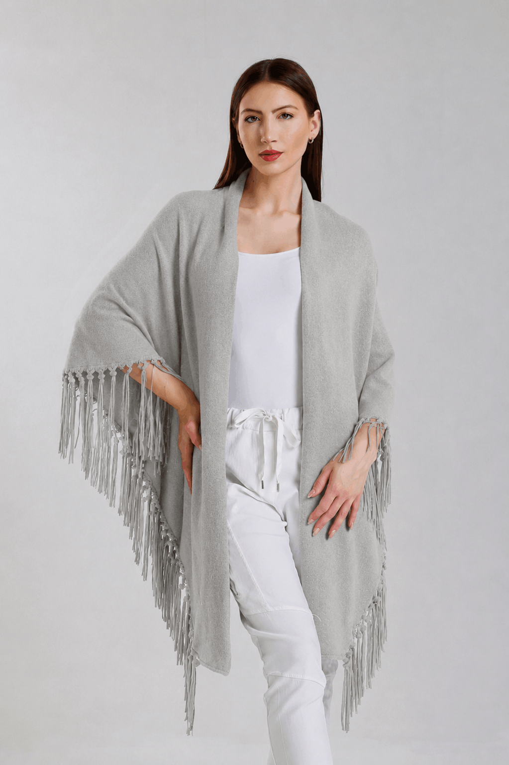 Yasmine Merino Cashmere Silk Wrap with Leather Fringe 150 Pearl-1