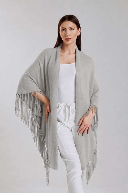 Yasmine Merino Cashmere Silk Wrap with Leather Fringe 150 Pearl-1