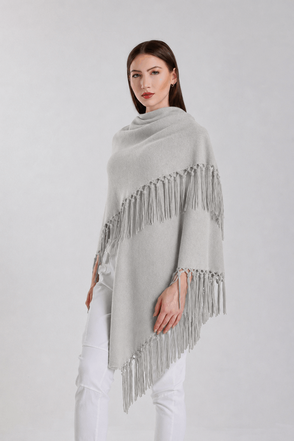 Yasmine Merino Cashmere Silk Wrap with Leather Fringe 150 Pearl-2