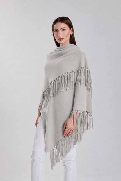 Yasmine Merino Cashmere Silk Wrap with Leather Fringe 150 Pearl-2