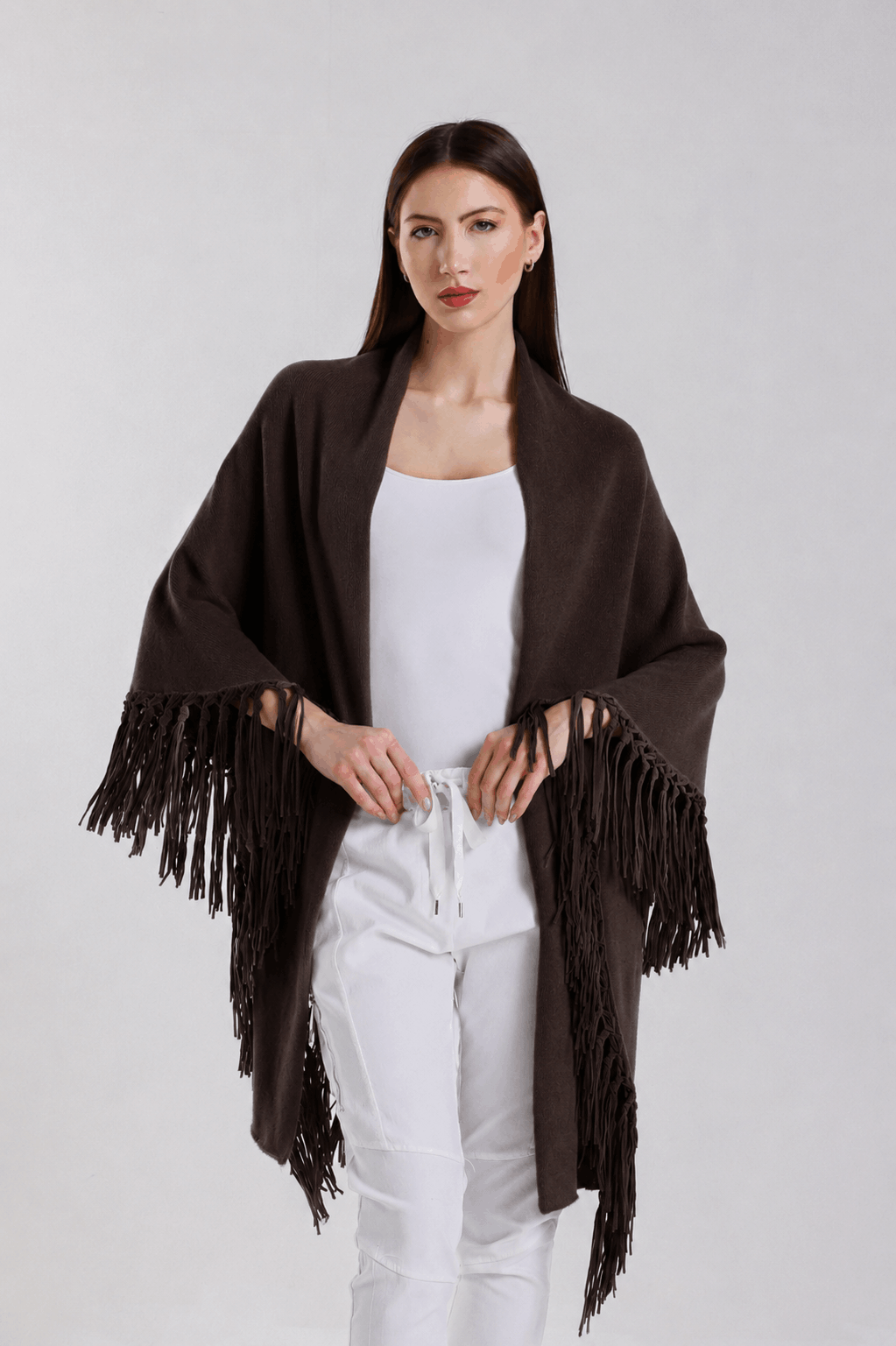 Yasmine Merino Cashmere Silk Wrap with Leather Fringe 202 Espresso-1