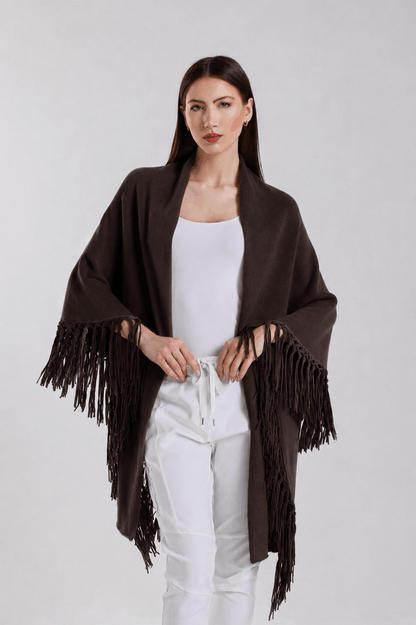 Yasmine Merino Cashmere Silk Wrap with Leather Fringe 202 Espresso-1
