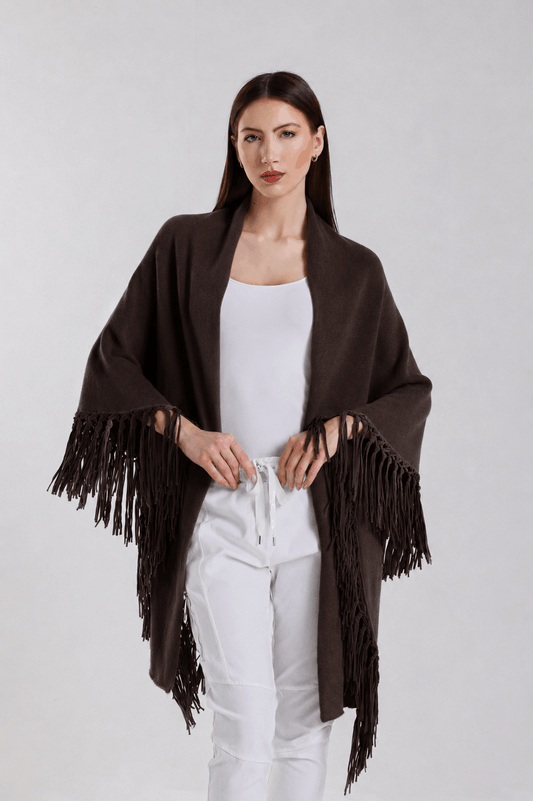 Yasmine Merino Cashmere Silk Wrap with Leather Fringe 202 Espresso-1