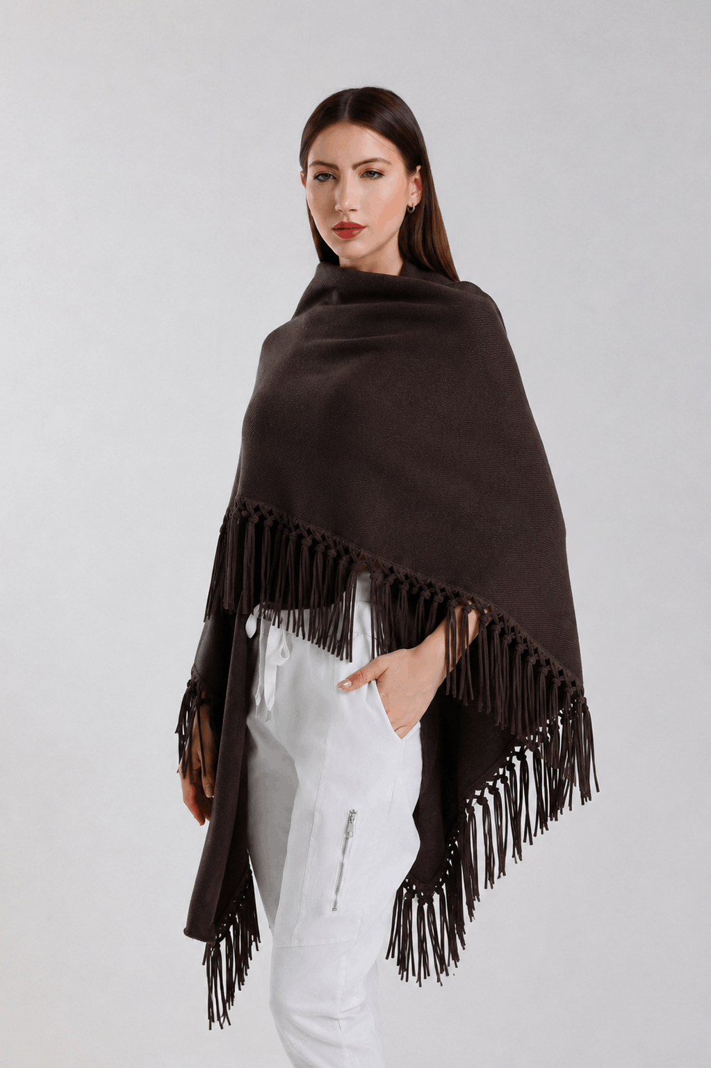 Yasmine Merino Cashmere Silk Wrap with Leather Fringe 202 Espresso-2